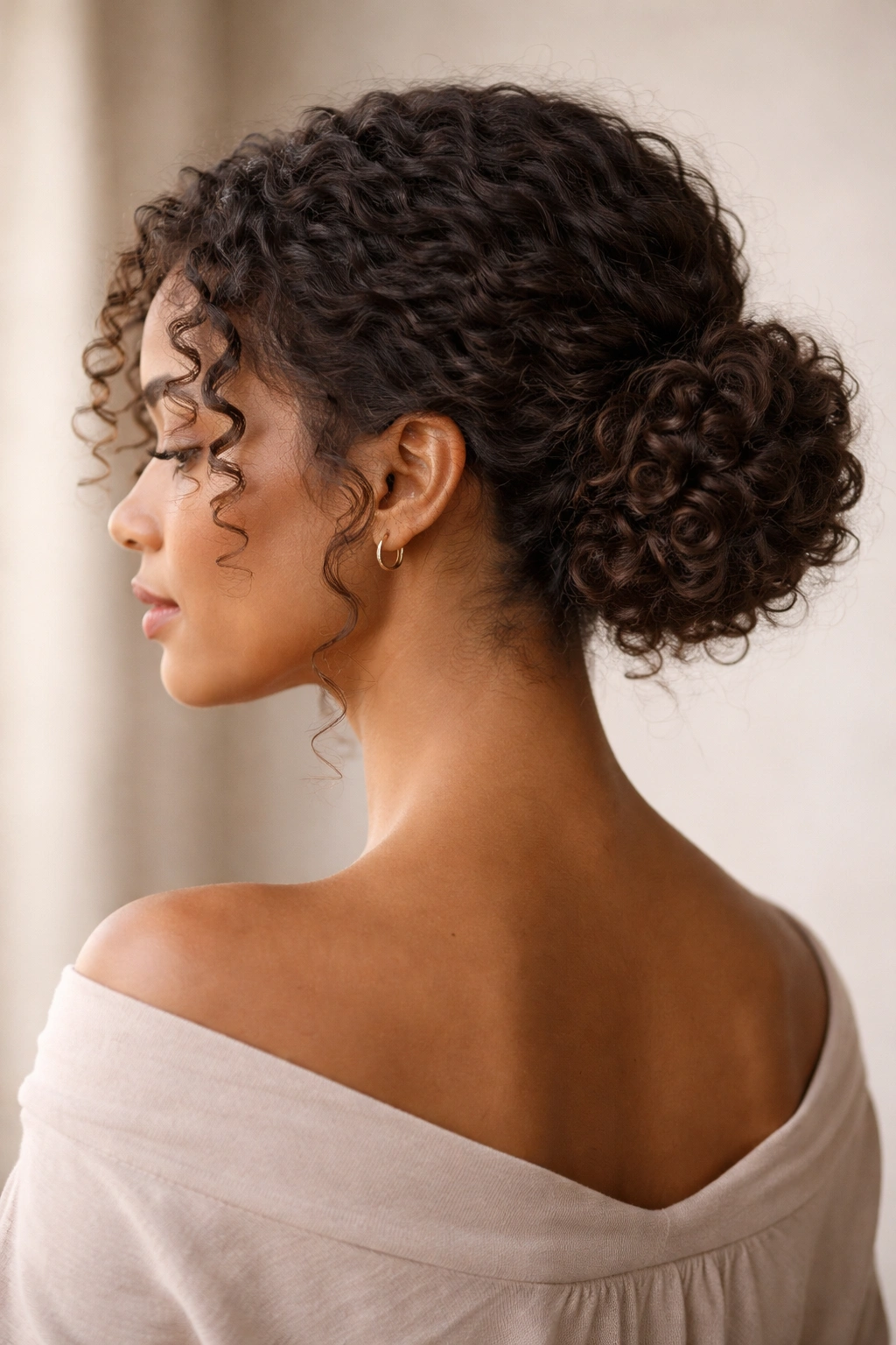 Low curly chignon with a clean nape and flat bun with soft face-framing curls