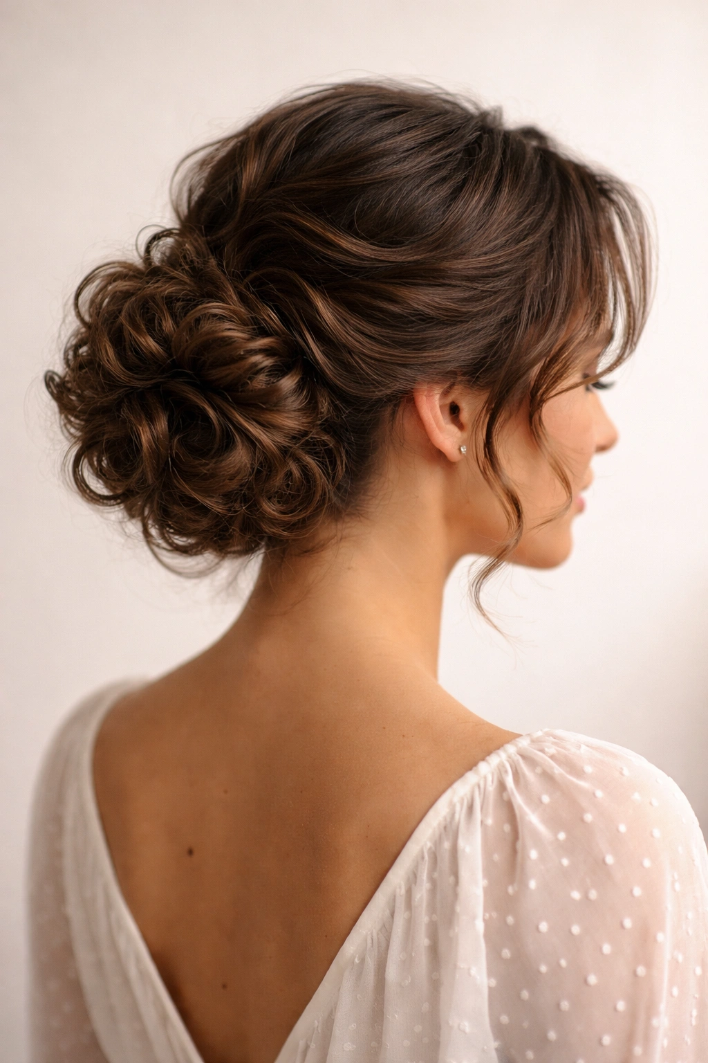 Low curly chignon with soft height and curls framing