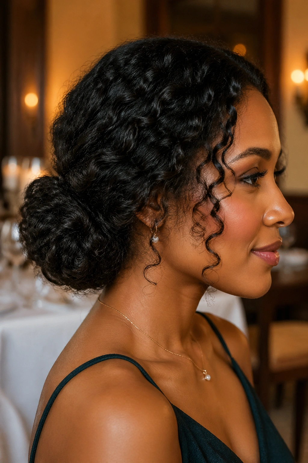 Close-up of a real woman with a low curly chignon at the nape.