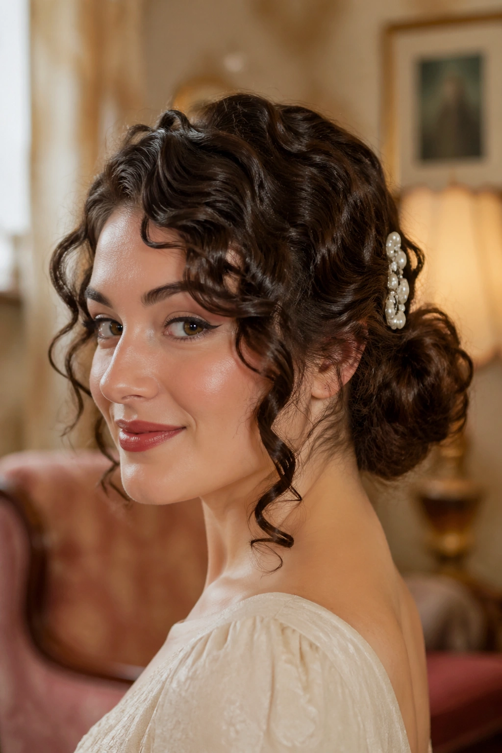 Close-up portrait of a real woman with a low curly chignon and a side barrette above the ear.