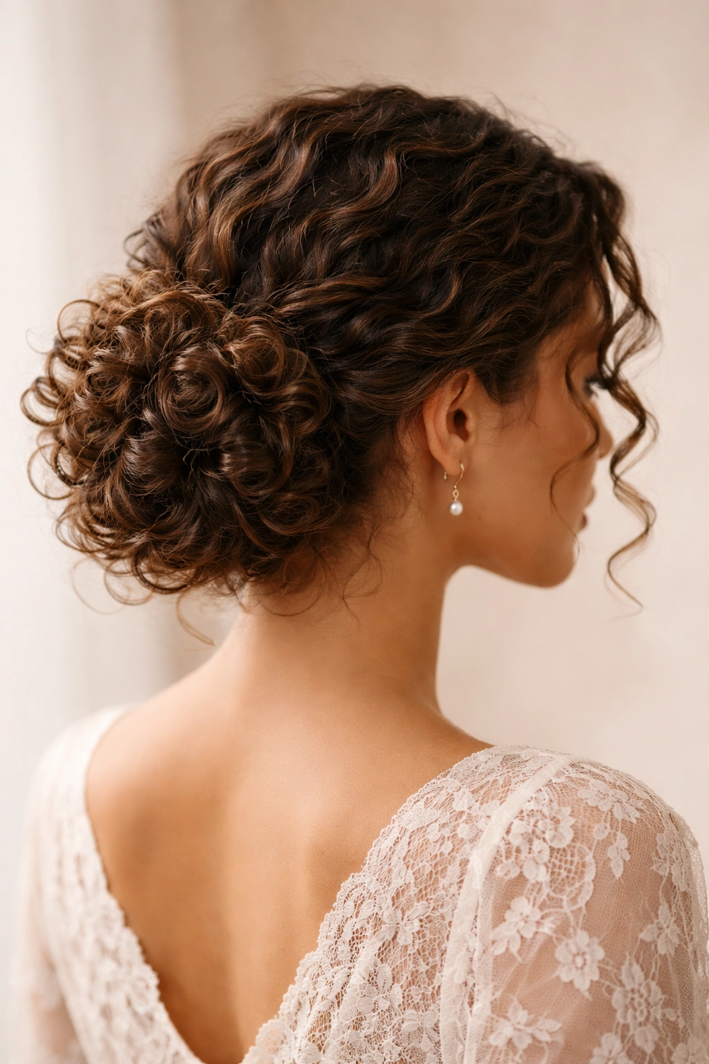 Close-up of a low curly chignon at the nape with textured curls and face-framing pieces