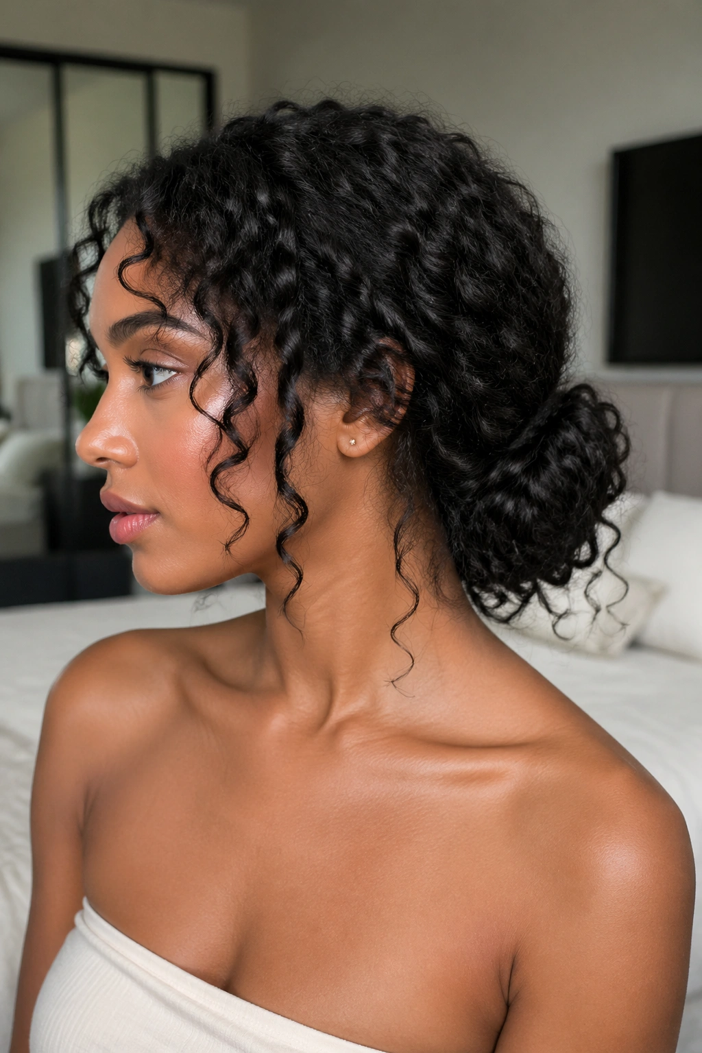 Close-up of real woman wearing a textured low curly chignon