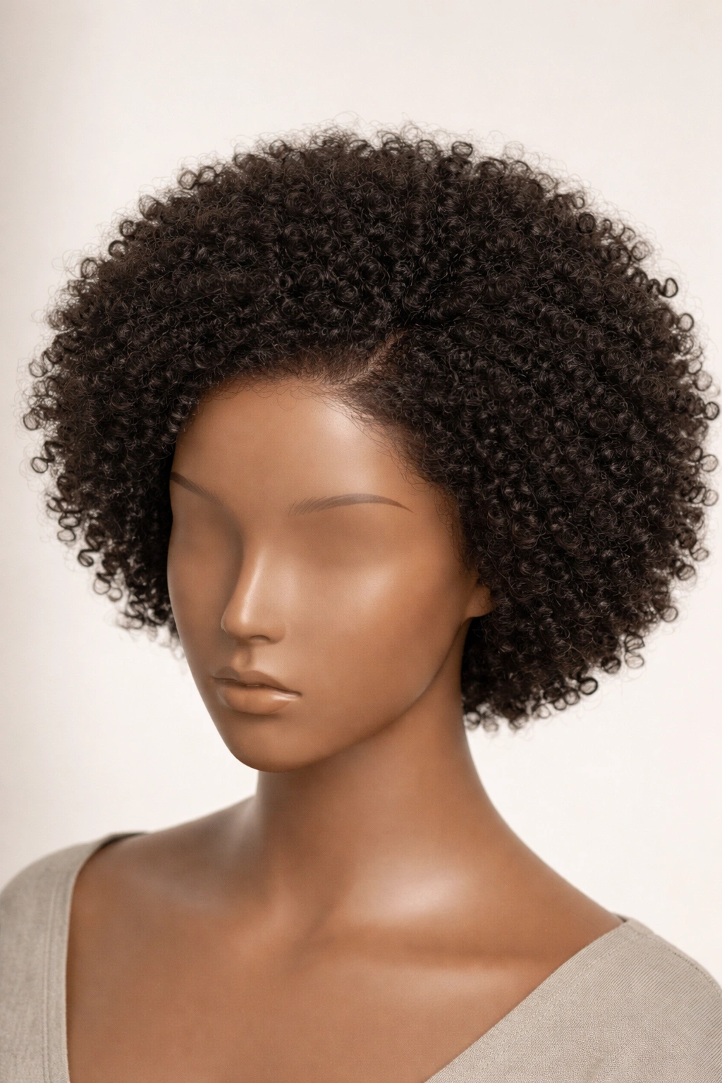 Close-up of a low-density 4C coil afro wig with a soft hairline on a head form