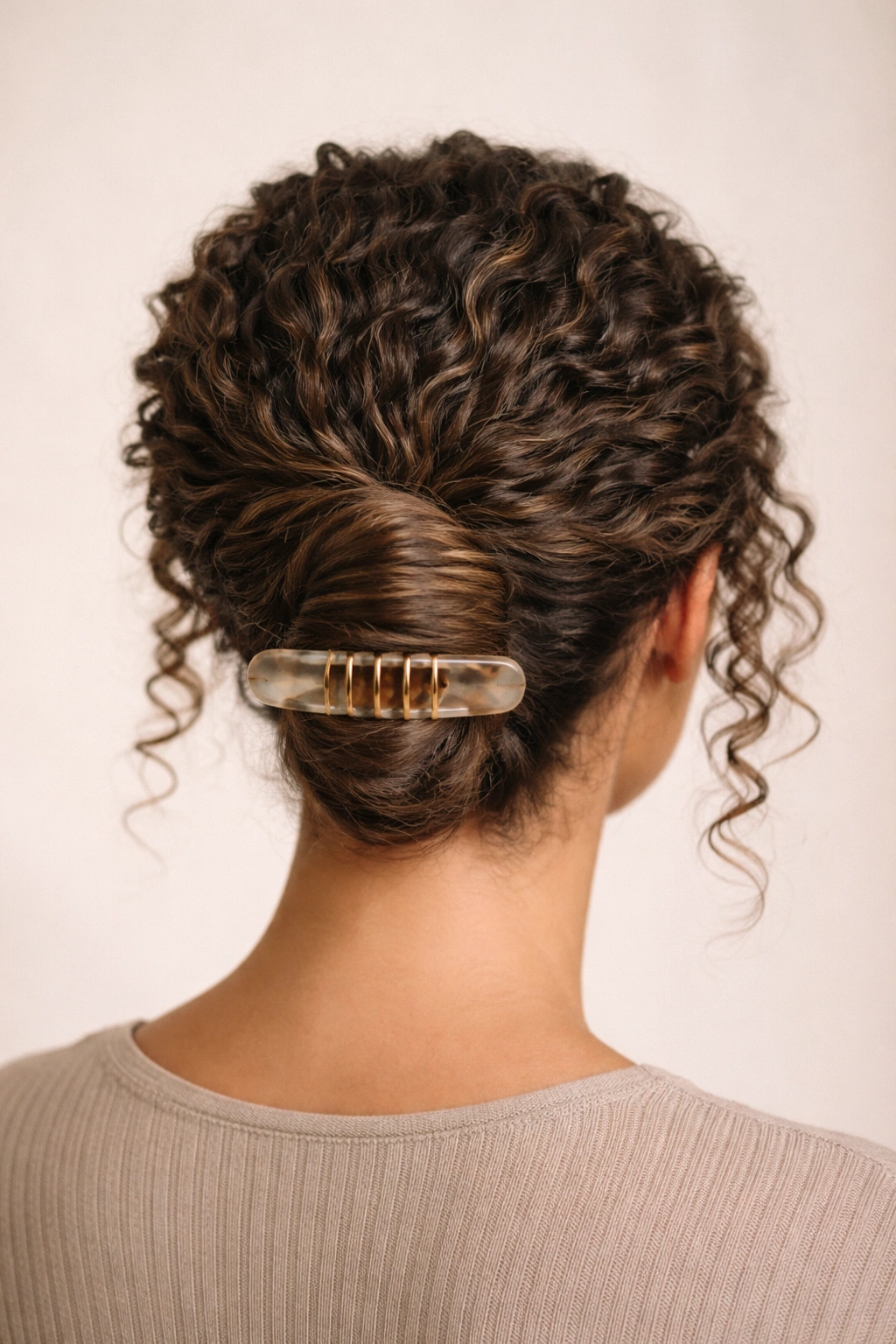 Back view of hair in a low French twist secured with a horizontal clip at the nape