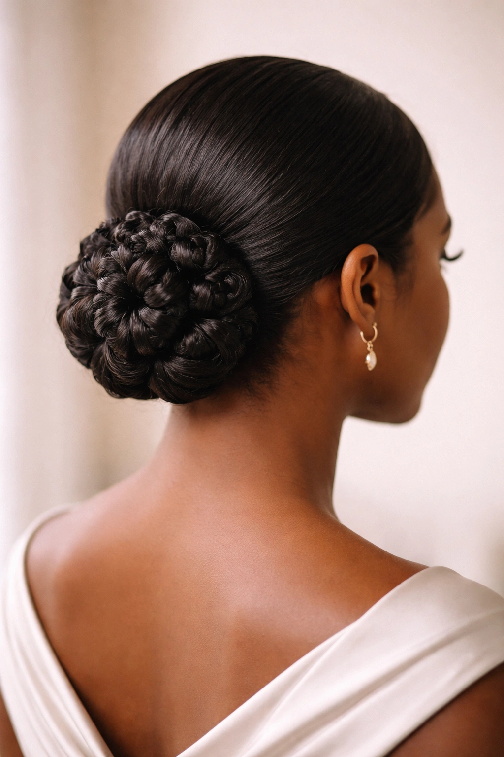 Side view of a low garden knot bun at the nape of the neck