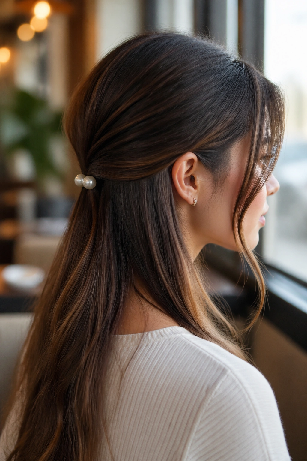 Close-up of a real woman wearing a sleek low half up with a pearl clip, natural light