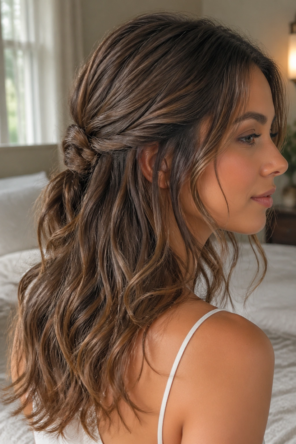 Close-up of a real woman with a low half-up hairstyle and textured waves