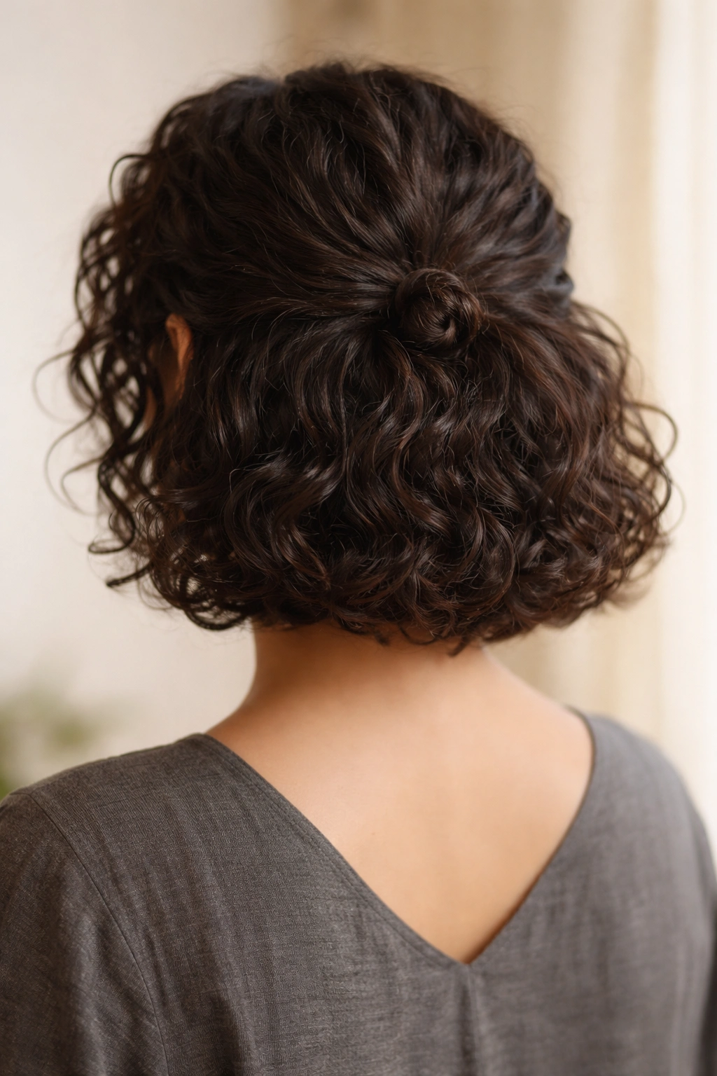 Compact low knot half-up on short curly hair with curls framing shoulders.