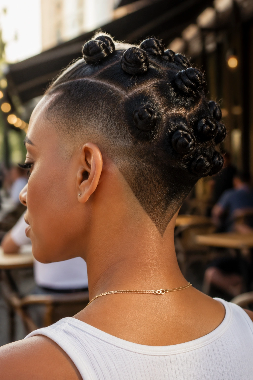 Profile view of real person with low knot cluster and V-shaped nape shave