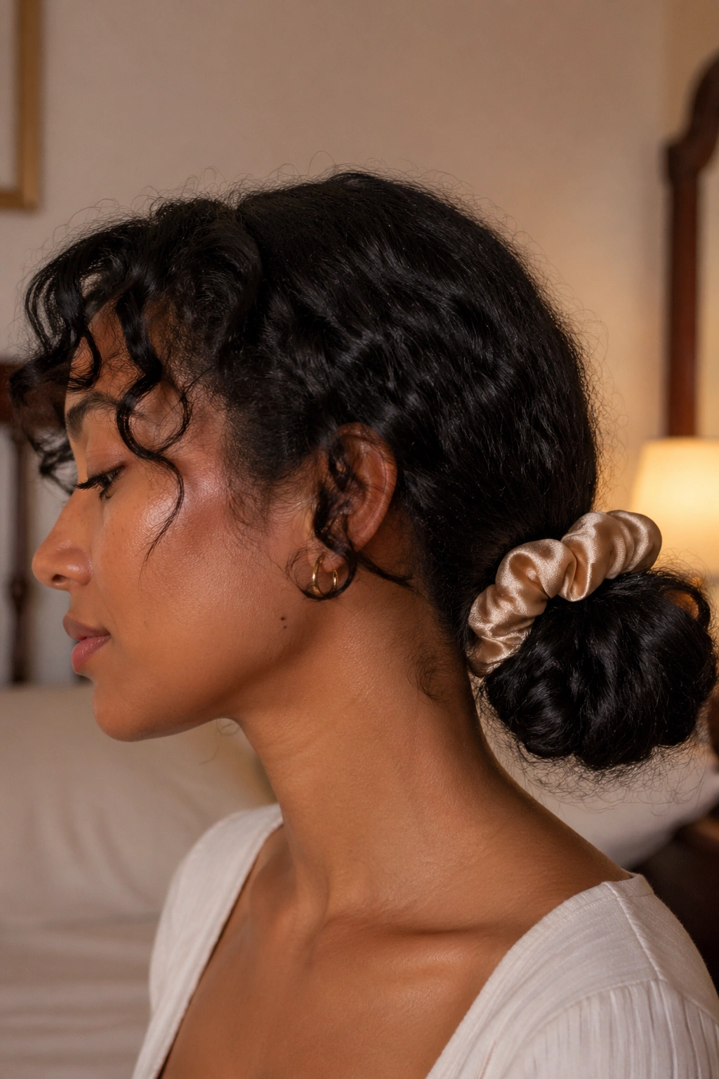 Portrait of a real person with a low loose bun at the nape under soft bedroom light