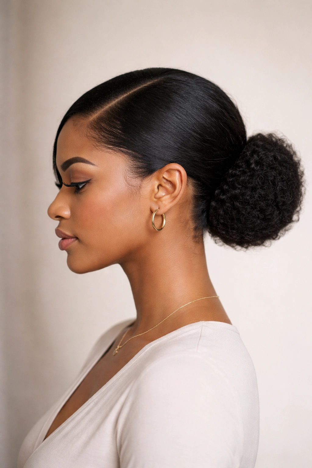 Low nape Afro bun with side part showing a tailored silhouette