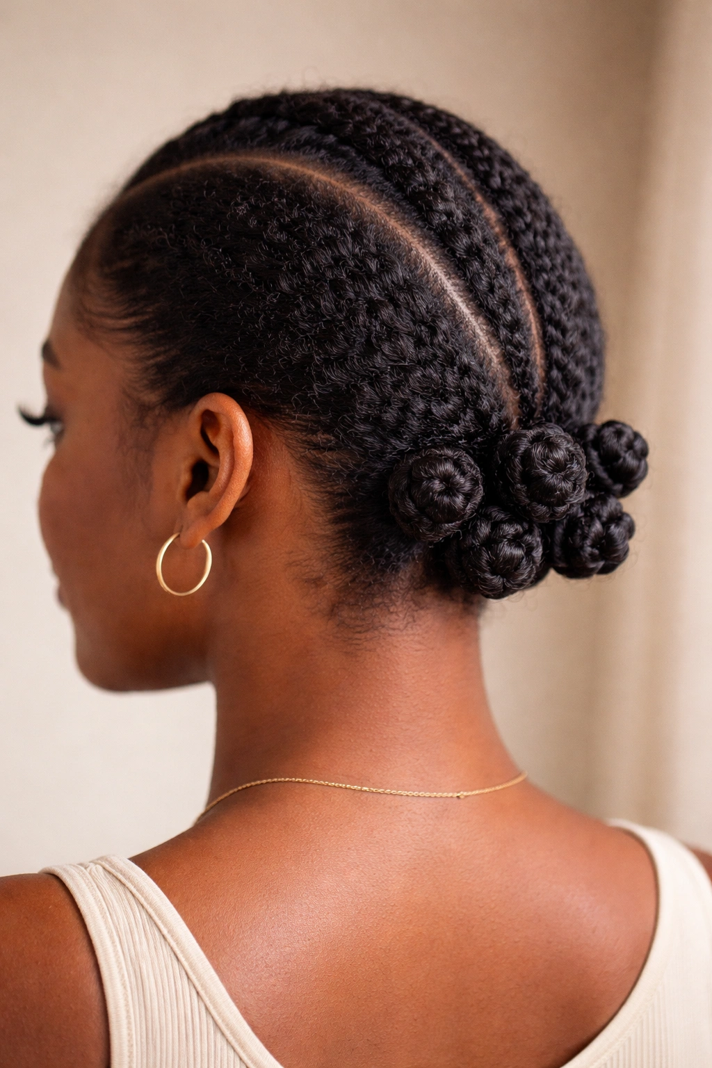 Low nape Bantu knots creating a soft profile on 4C hair