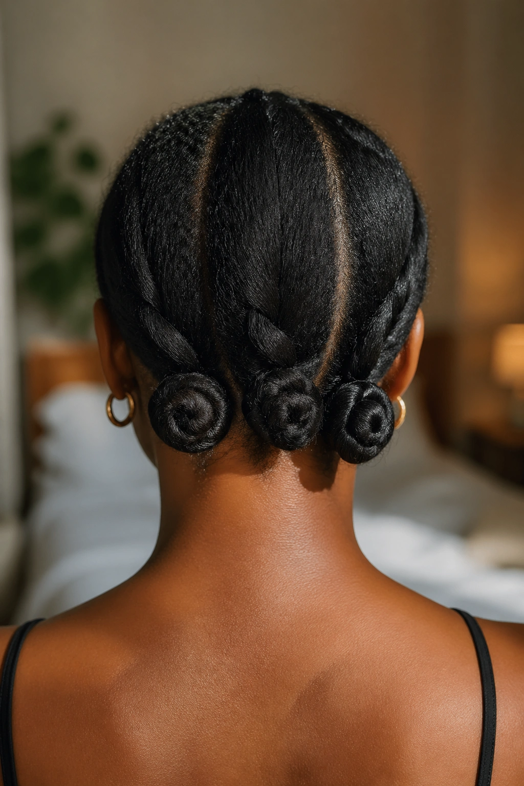 Back-of-head close-up of a real person with low nape Bantu knots