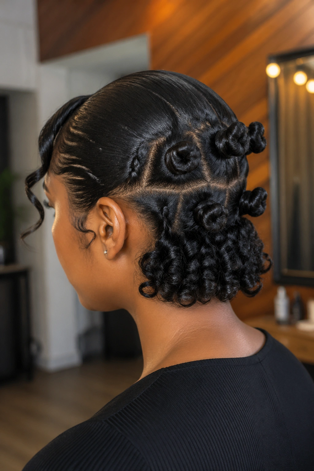 Rear view of a real person with Low Nape Bantu Knots and curled bob ends