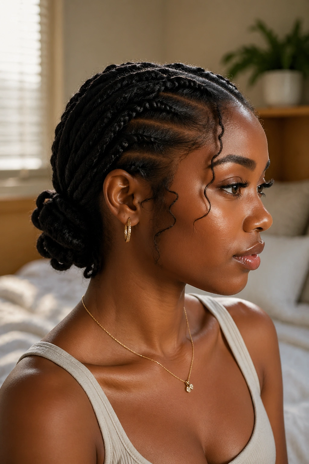 Close-up of a real woman with low nape bantu knots at the nape in a cozy bedroom