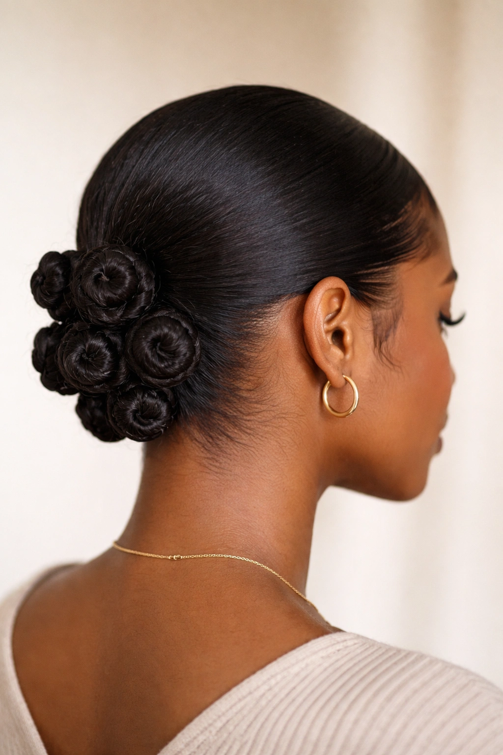 Back view of low nape bantu knot updo with neatly tucked knots