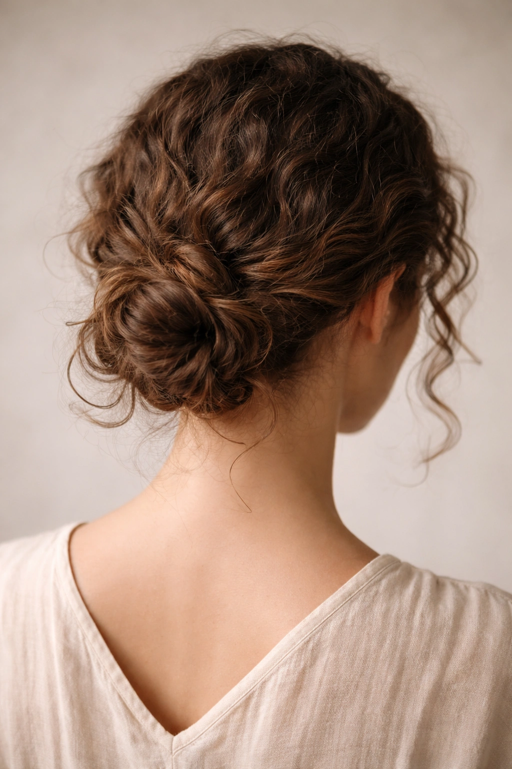 Low nape knot on curly hair showing a soft, relaxed bun at the neck