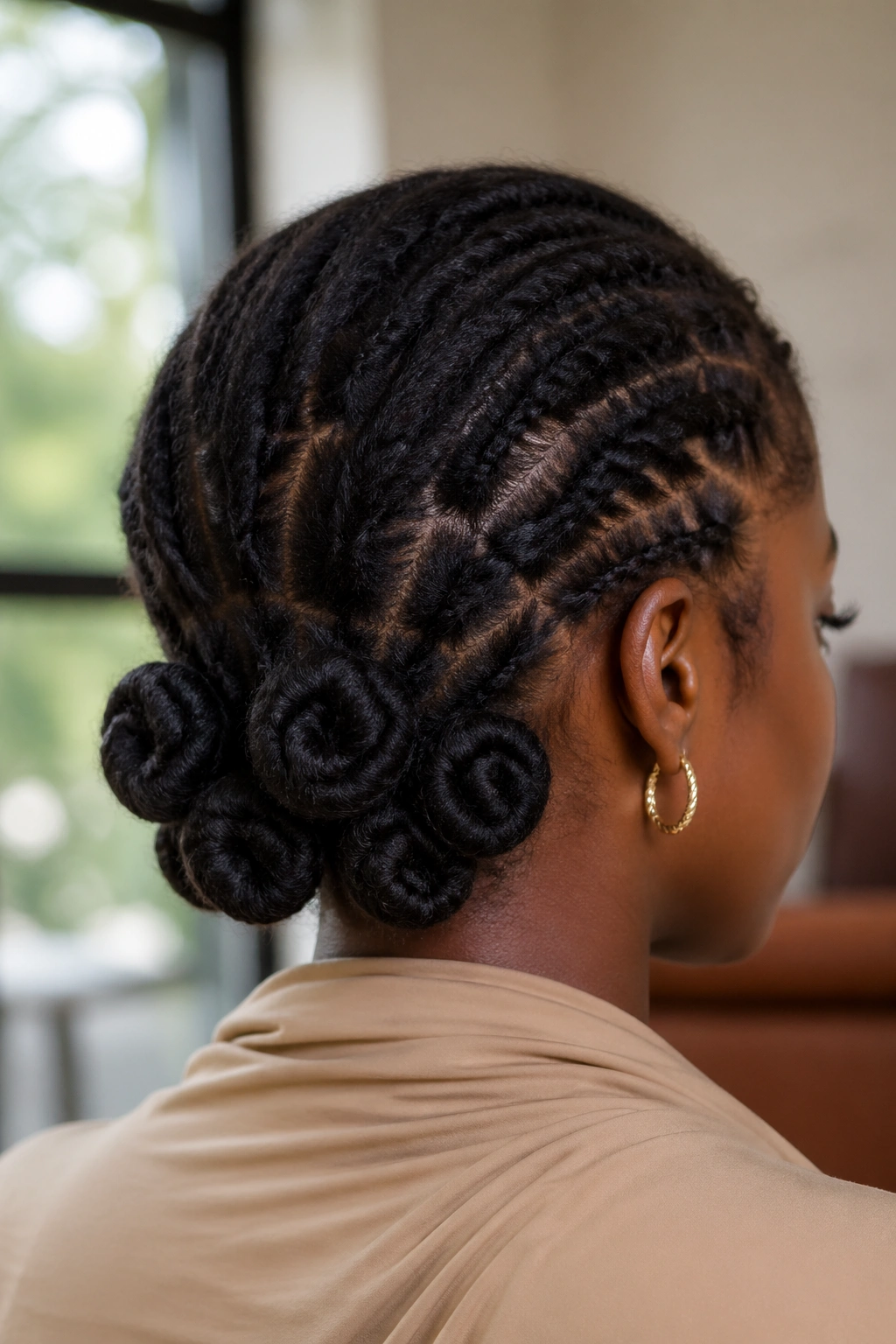 Close-up of low nape Bantu knots on locs