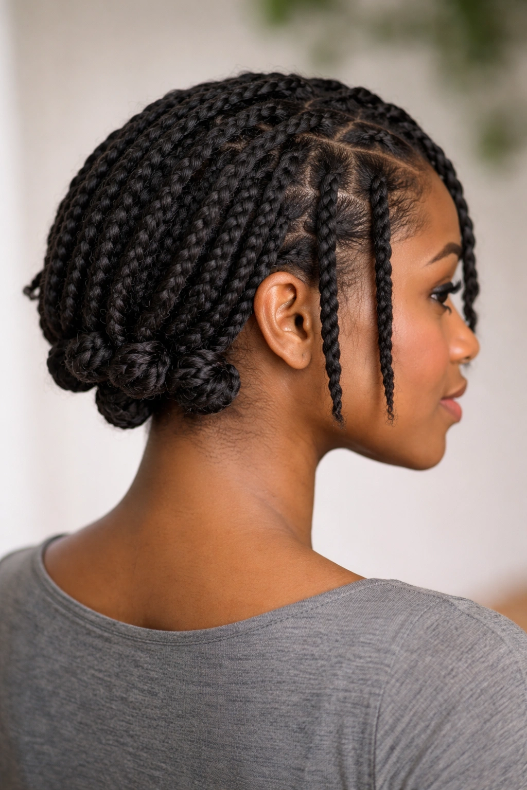 Low-nape bantu knots with front twists on a short bob
