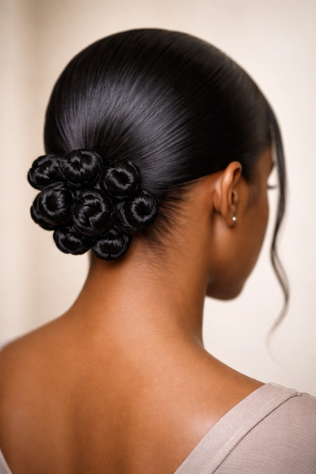 Close-up of low-nape sleek knots with glossy crown and knot cluster at the nape