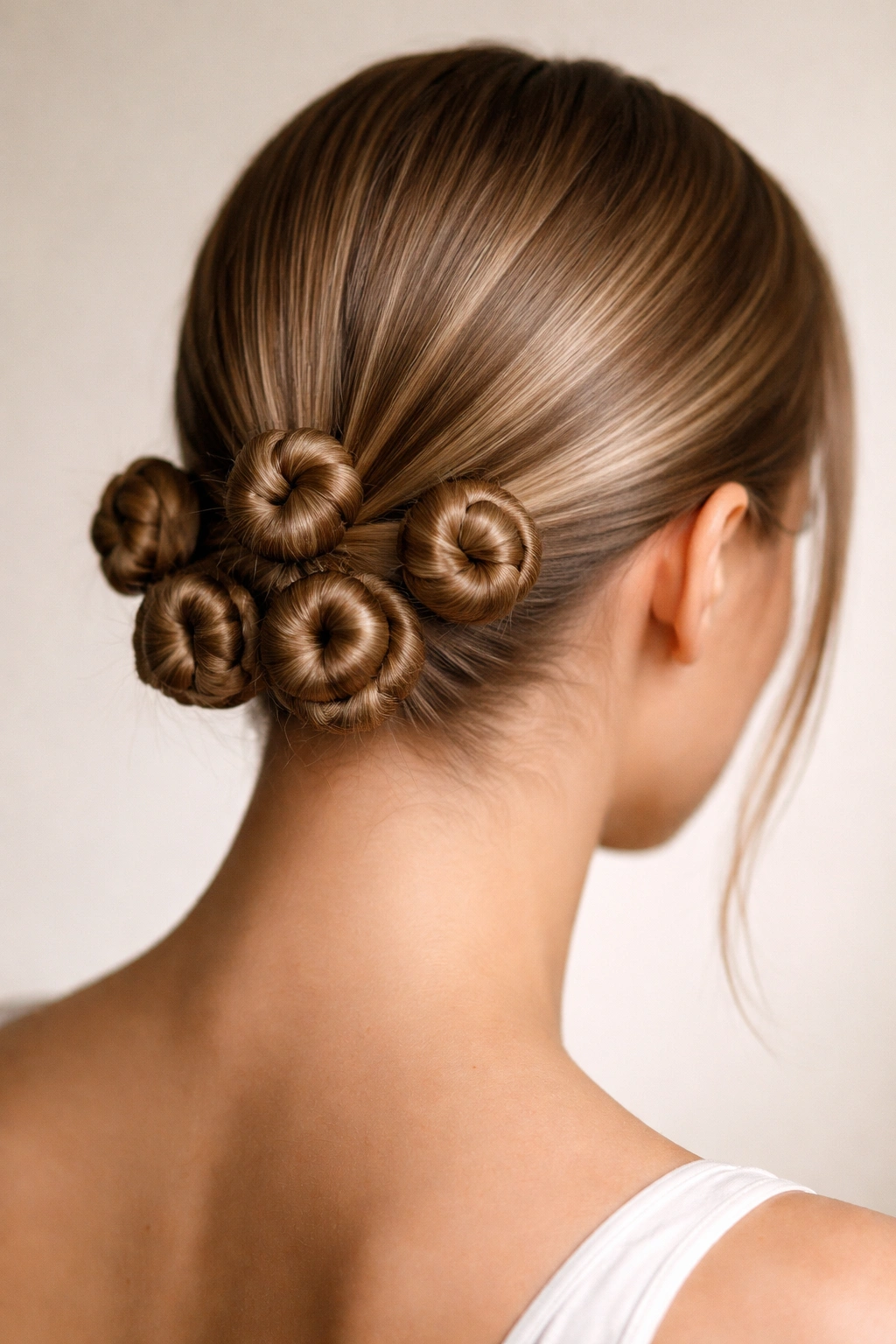 Rear view of low nape Bantu knots near the neckline on straight hair