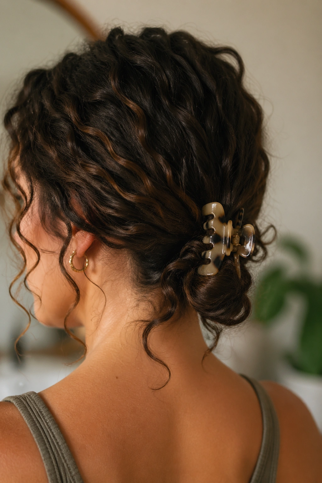 Real woman with a low nape loop hairstyle on curls