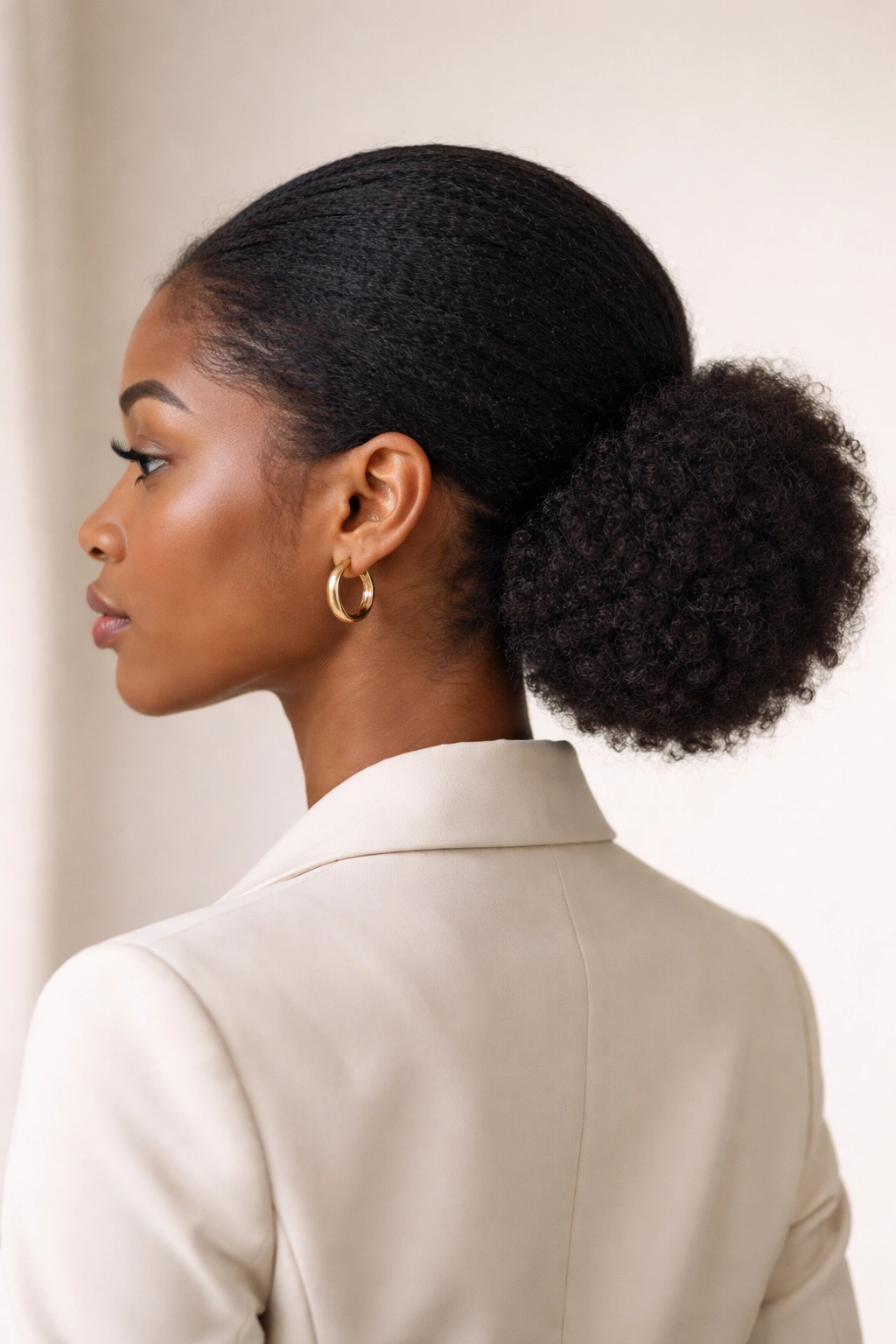Low nape afro puff at the nape creating a calm, elegant silhouette.
