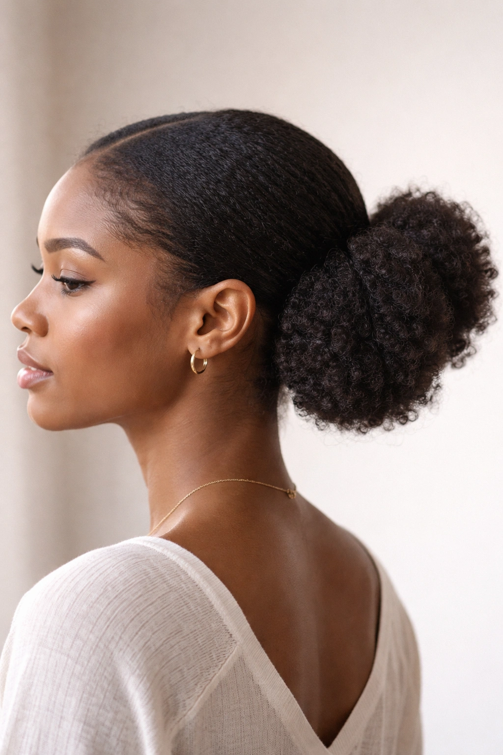 Side profile of Low Nape Double Puffs with soft shape near the neck.