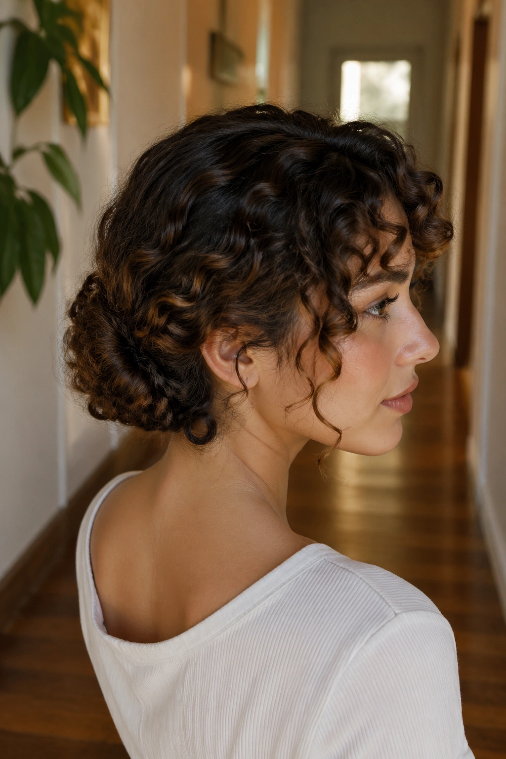 Three-quarter view of a real woman with a low nape roll in a curly bob.