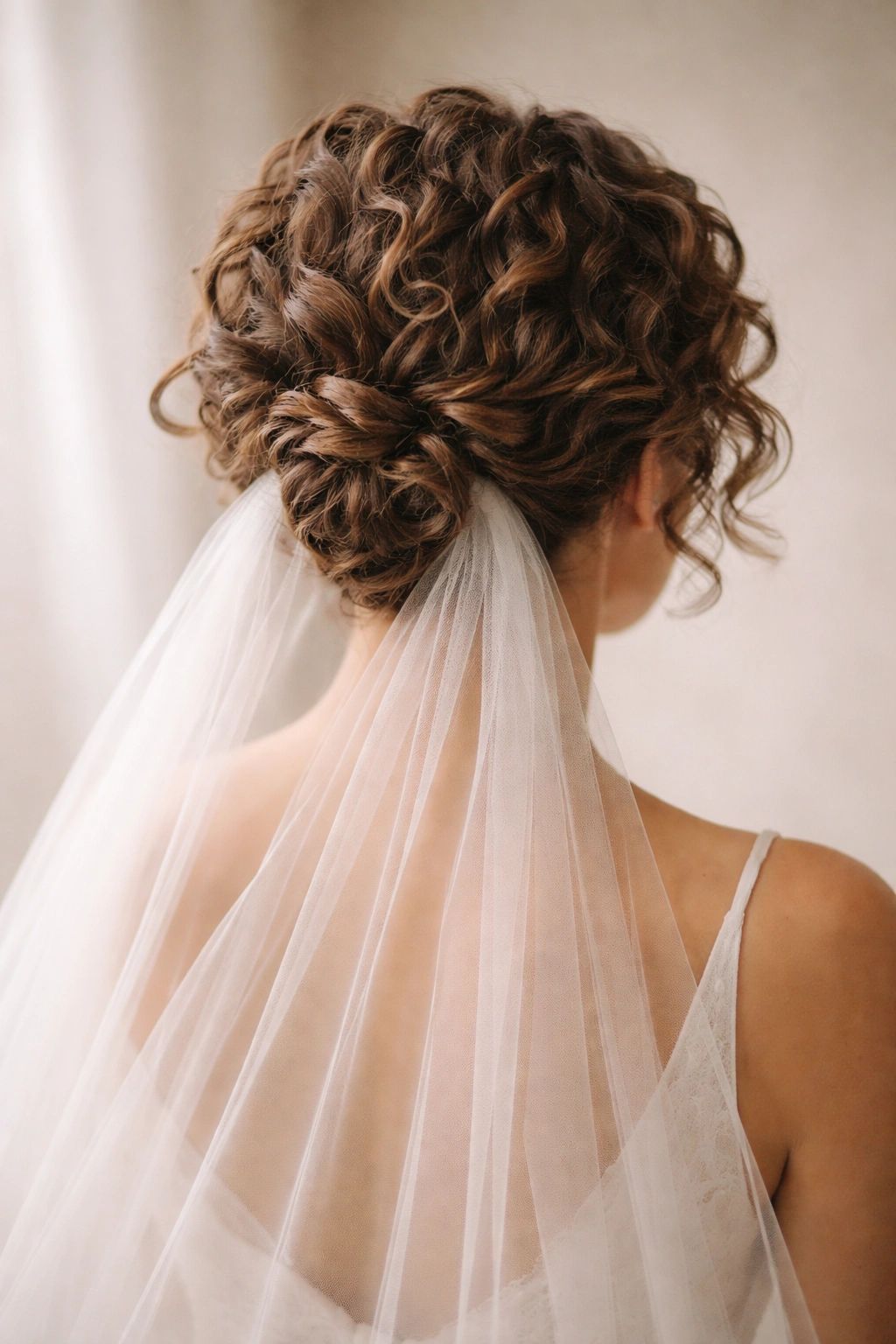 Low pin-back hairstyle with veil underlay on short curls