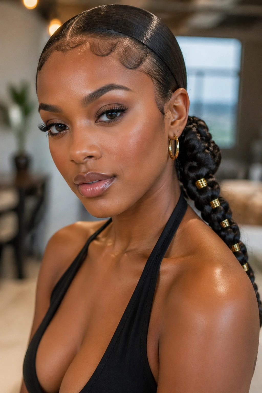 Close-up of a real person with a low braided ponytail and gold cuffs