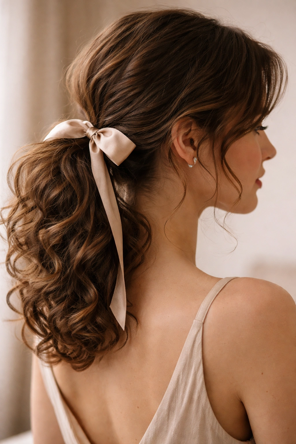 Low curly ponytail with satin ribbon and loose curls