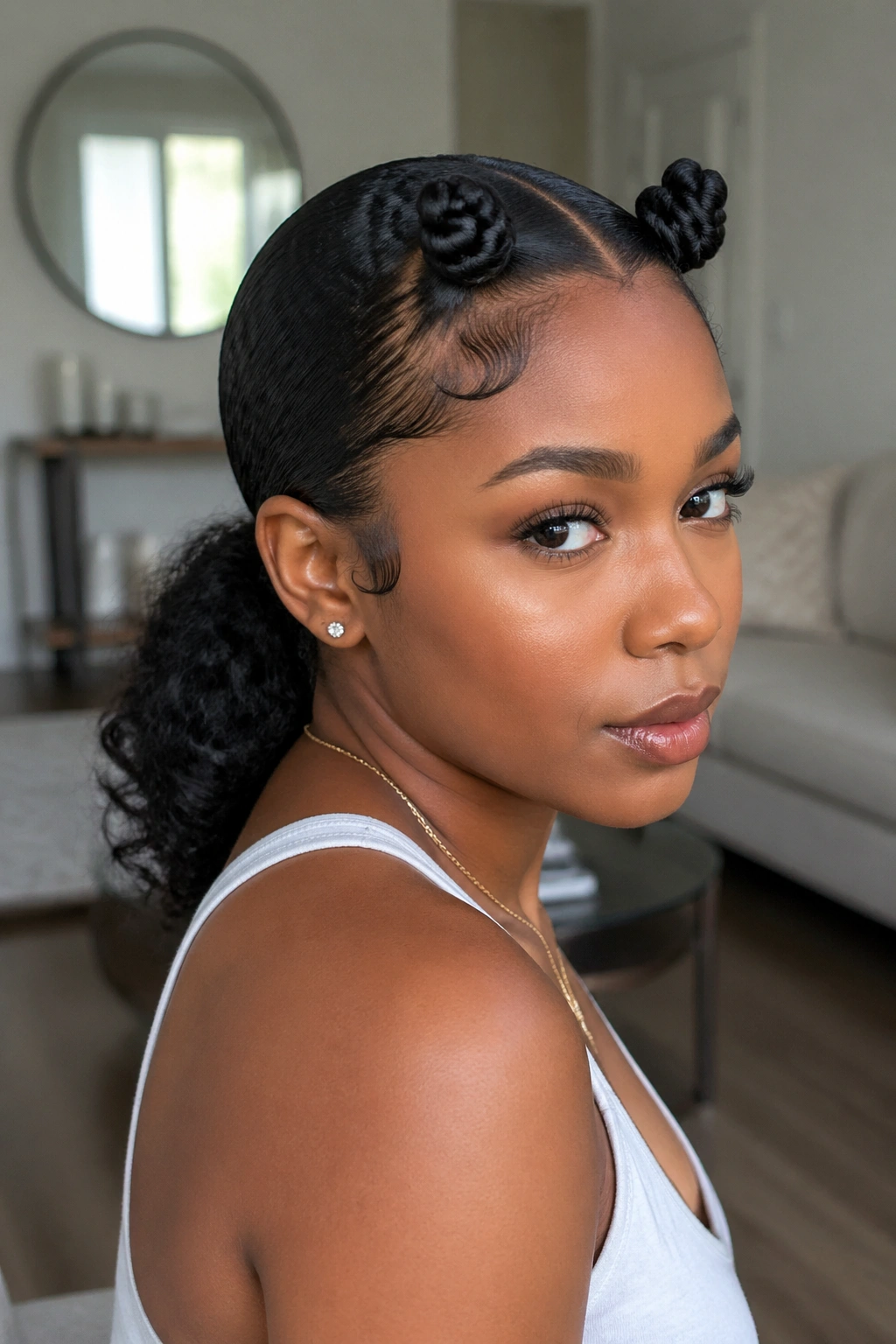 Real woman with a low ponytail and two front Bantu knots visible at the hairline
