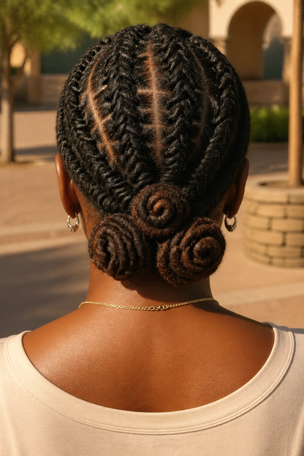 Back-of-head portrait of a person showing a low ponytail knot hybrid hairstyle on locs