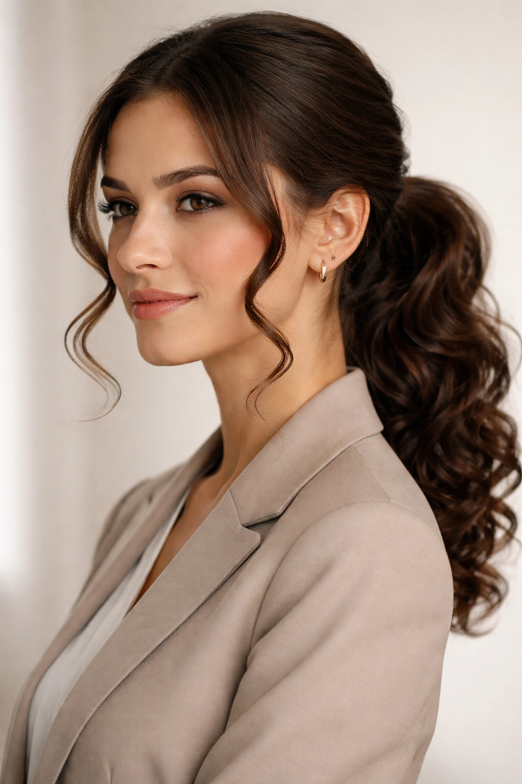 Low ponytail with S-shaped tendrils softly framing the face