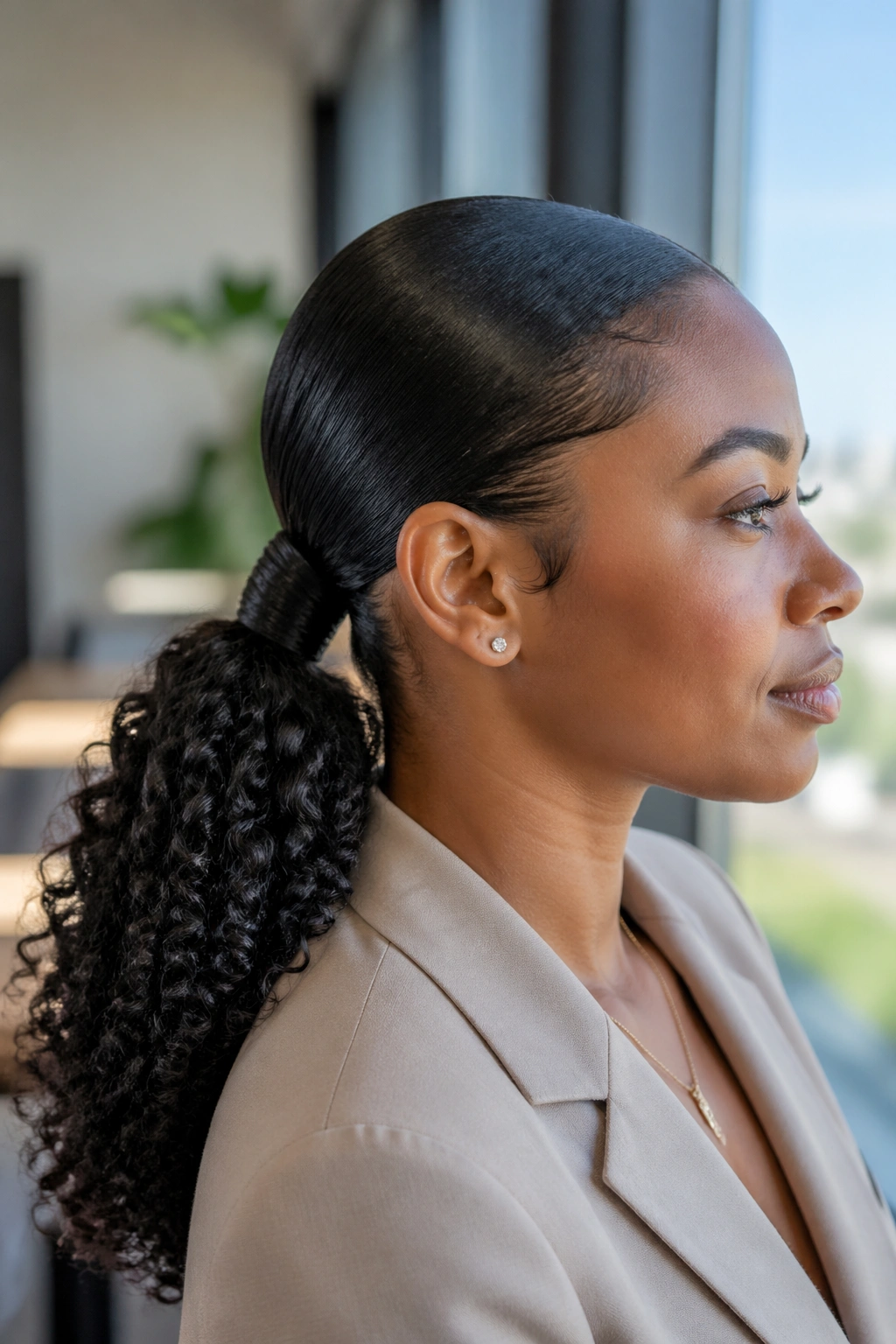 Close-up portrait of a Black woman with a sleek low curly ponytail and wrapped base