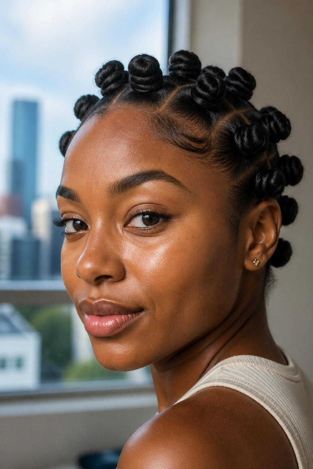 Low-profile medium Bantu knots close-up on real person