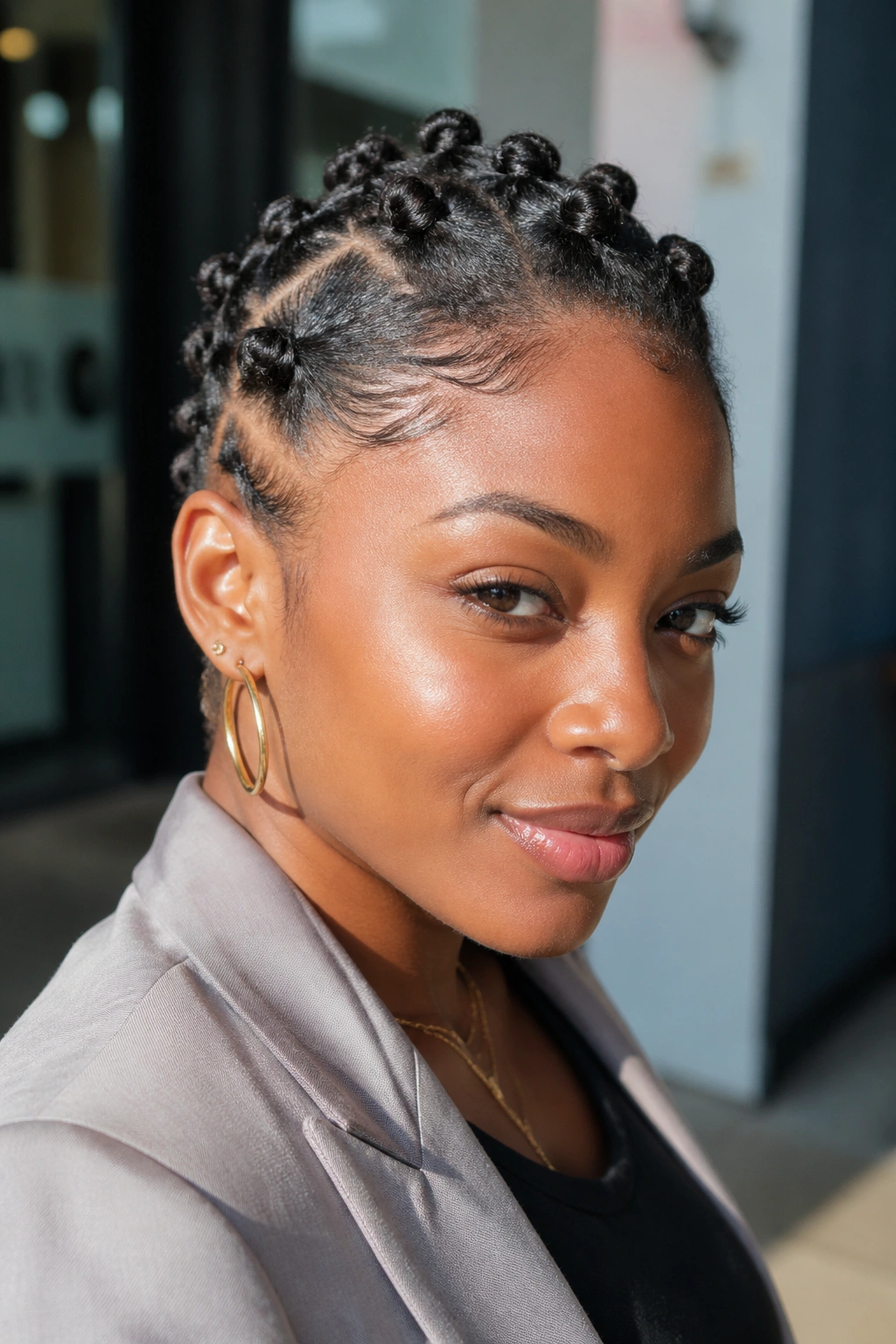 Close-up of a real person with a low-profile bantu knot mohawk