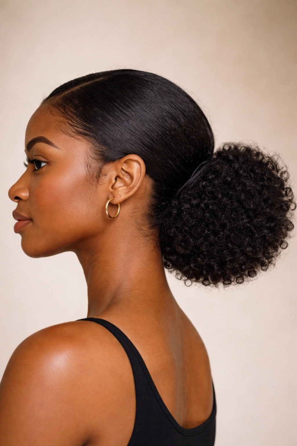 Close-up profile of a low puff afro hairstyle at the nape with smooth base