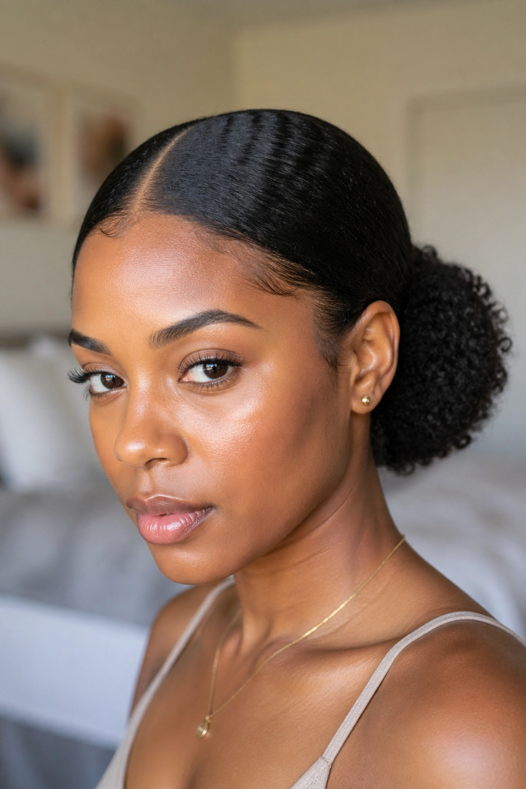 Close-up of a real person with a low puff and crisp center part