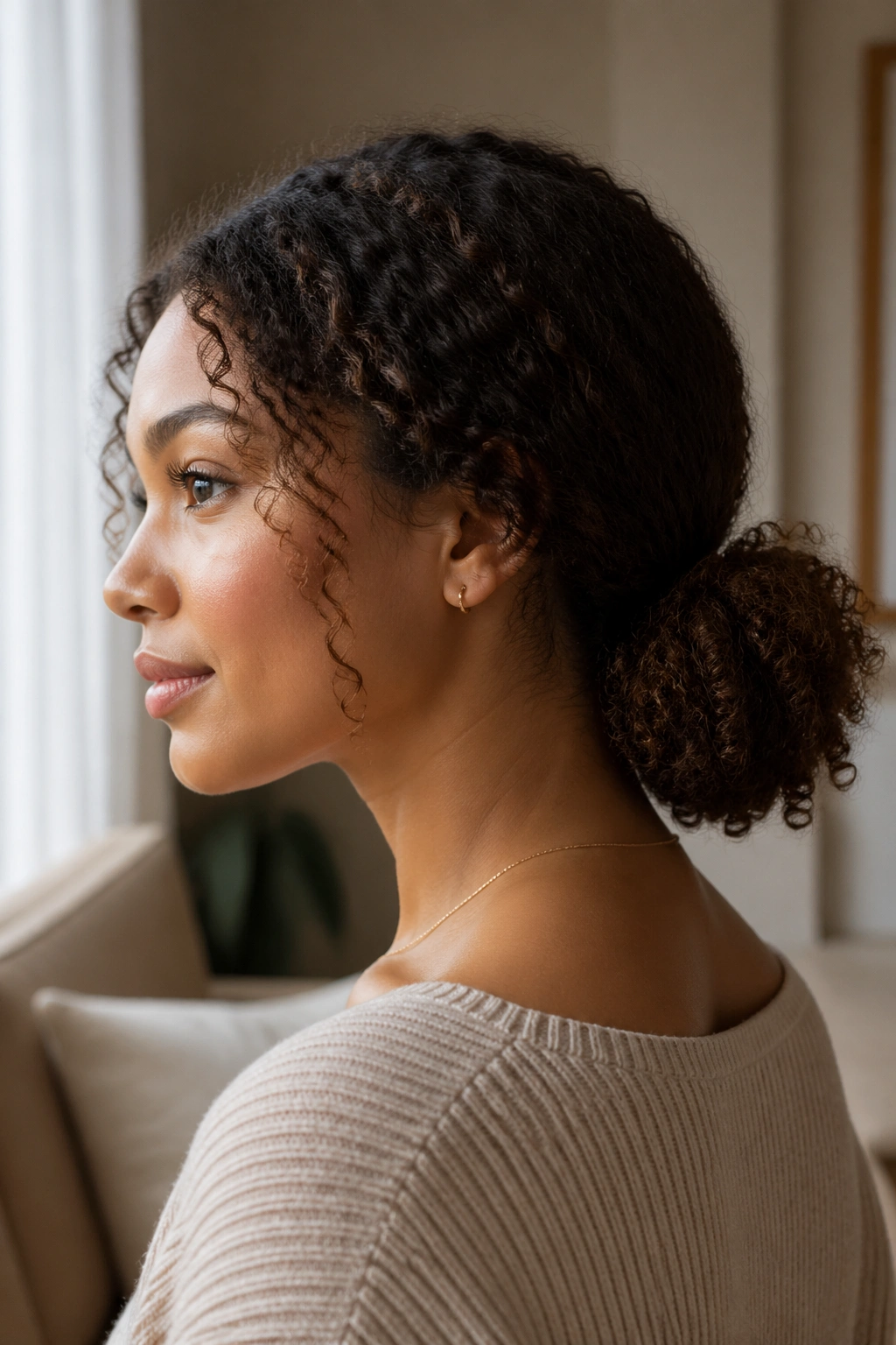 Close-up of a real person with a low puff at the nape of the neck
