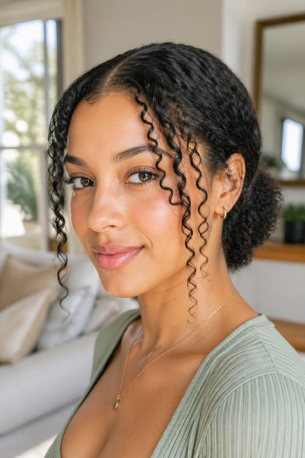 Real woman with low puff and face-framing curls in bright room