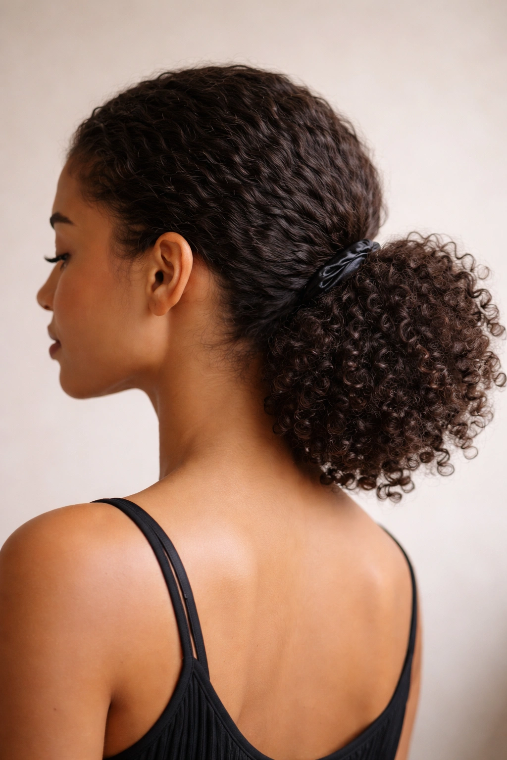 Close-up of a low puff hairstyle at the nape with 3B-3C curls and a satin tie