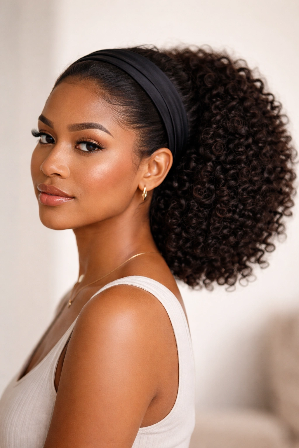 Front smooth with low rounded puff and back volume on a curly half-wig
