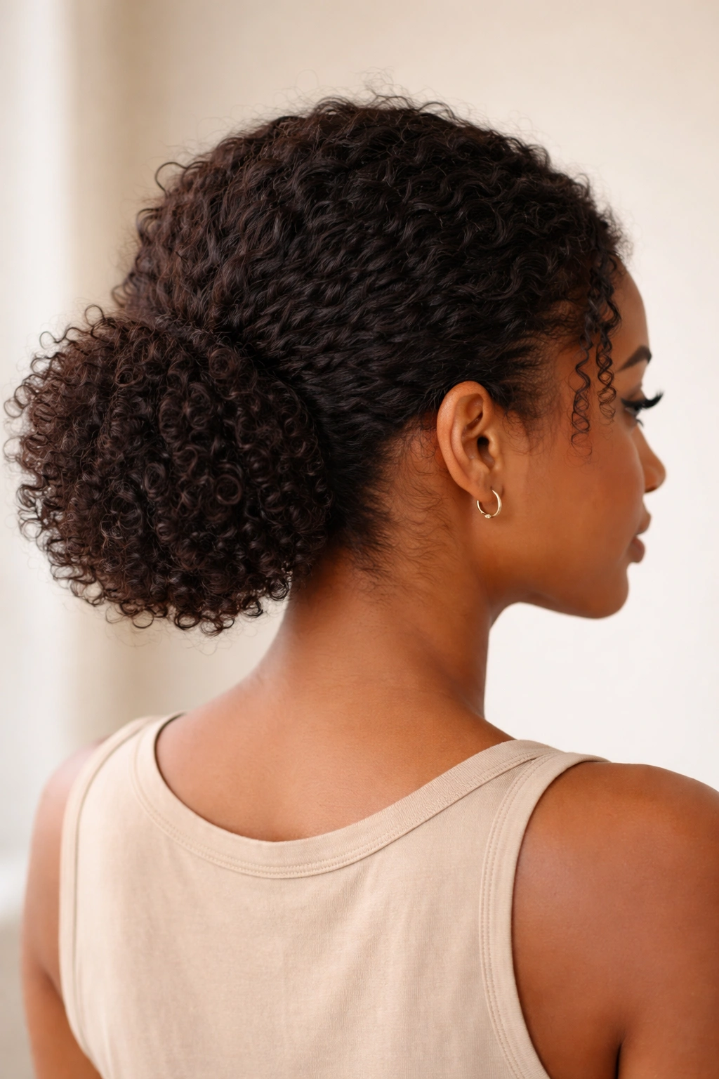 Low puff hairstyle at nape for humid weather