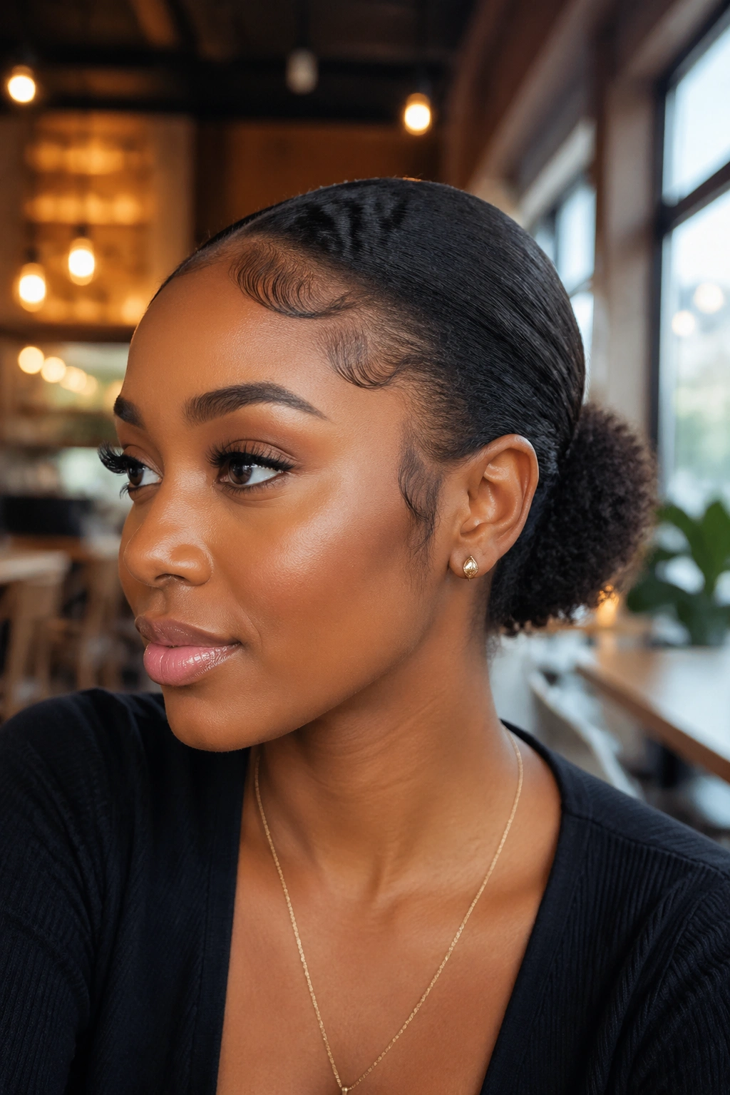 Close-up of a real woman with a low puff and laid edges hairstyle