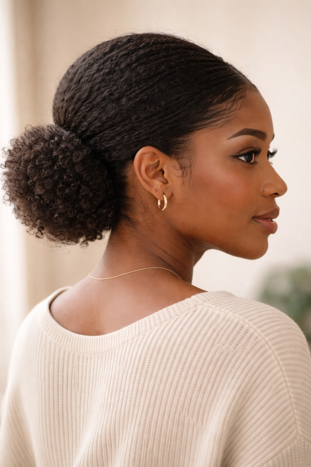 Low puff at the nape with smooth crown