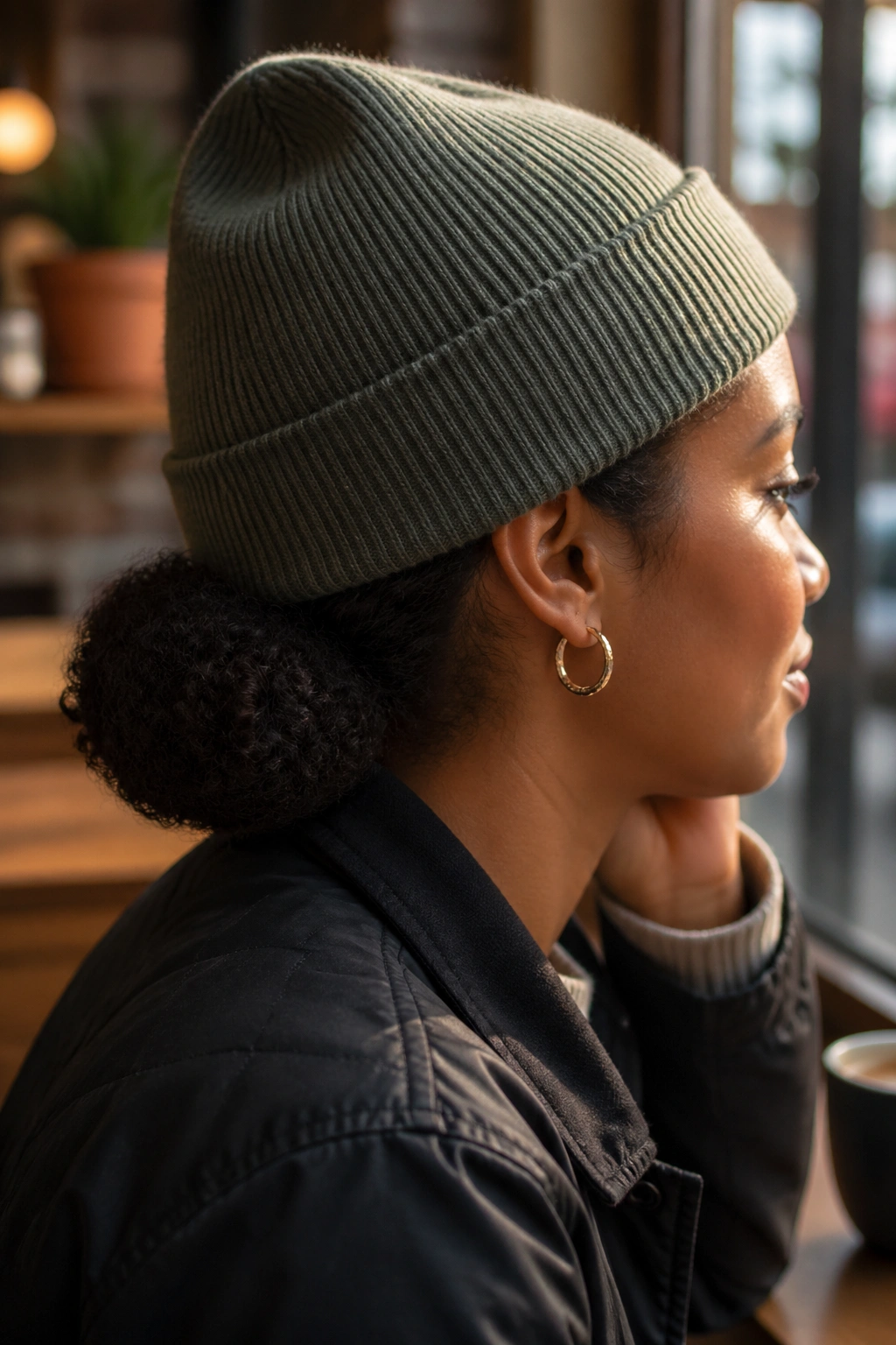 Low puff at the nape under beanie on a real person.
