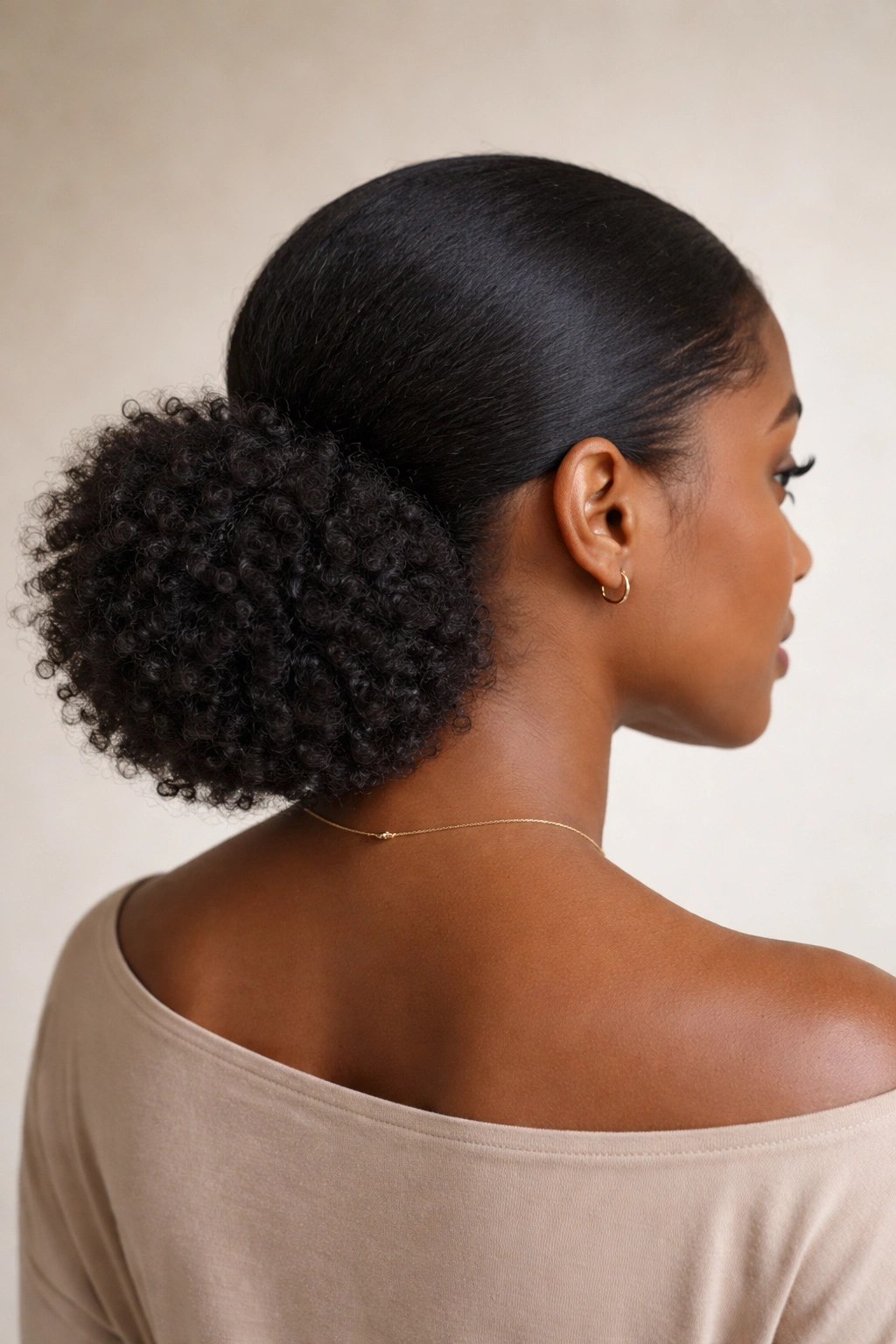 Portrait showing a low puff at the nape of the neck