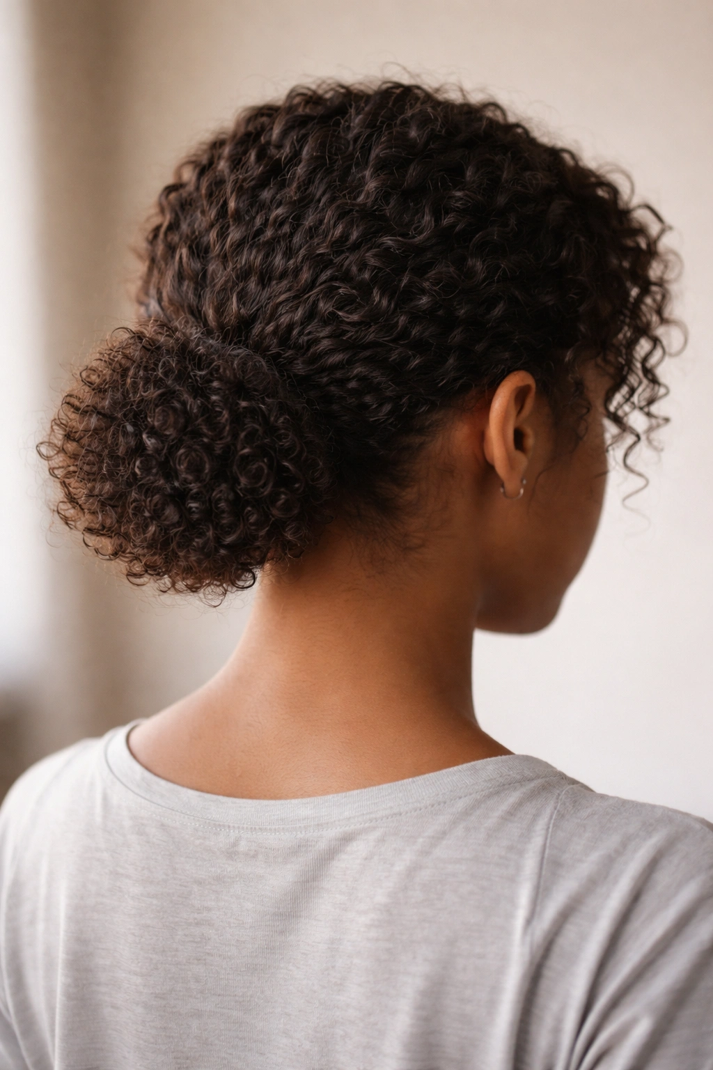 Close-up of a short curly hairstyle in a low nape puff